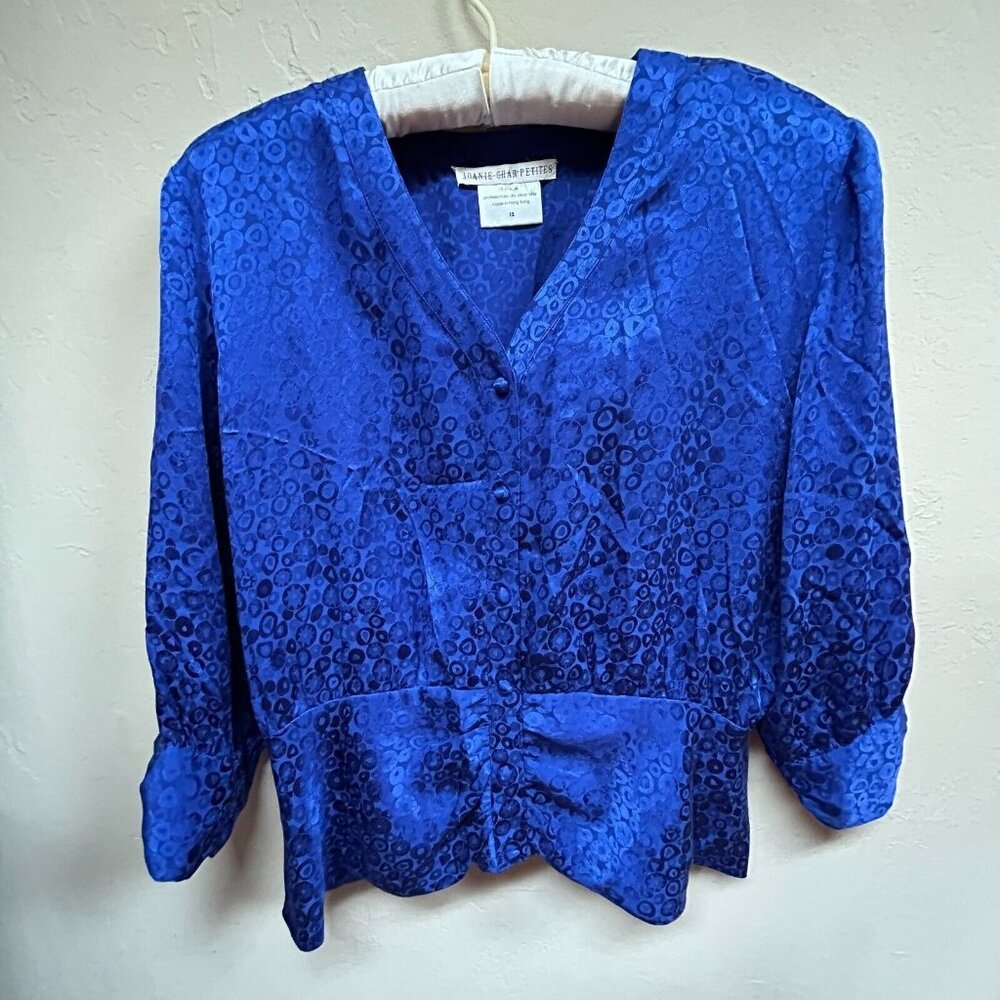 Vintage Joanie Char Petites Women Sz 12 Jacquard Silk 3/4 Sleeve Blouse Top Blue